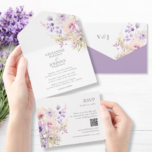 Elegant Lavender Floral Wildflowers QR RSVP  All In One Invitation