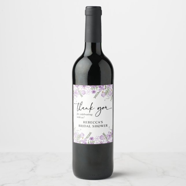 Elegant Lavender Florals Bridal Shower Favor Wine Label (Front)
