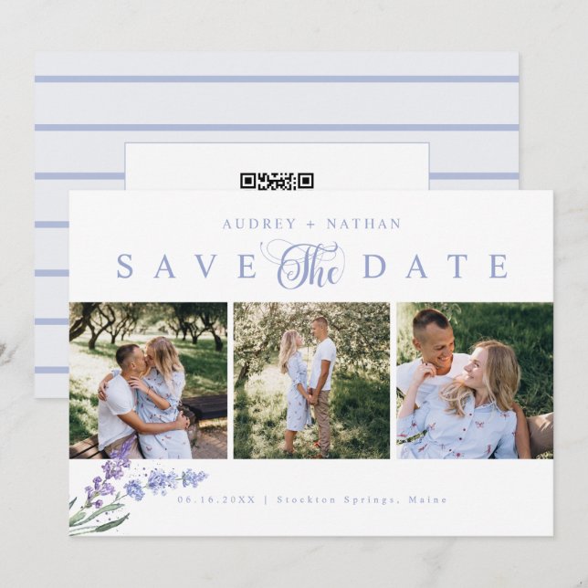 Elegant Lavender Flower 3 Photo QR Code Save The Date (Front/Back)