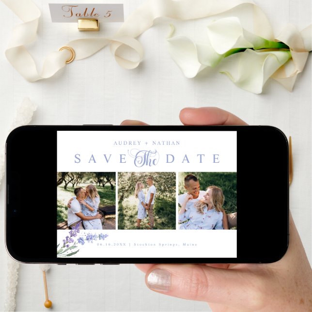 Elegant Lavender Flower 3 Photo QR Code Save The Date (Front Digital)