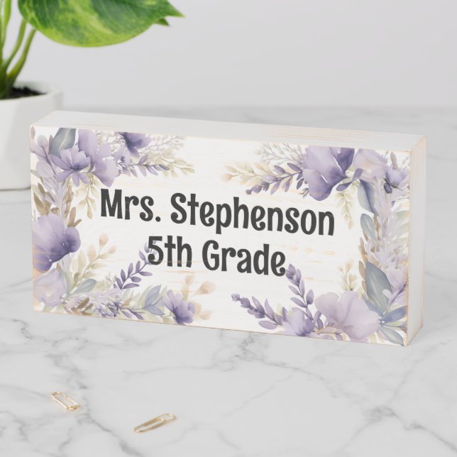 Elegant Lavender Flower Name School Teacher Office Wooden Box Sign (In Situ Horizontal)