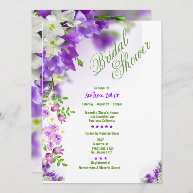 Elegant Lavender Flowers Bridal Shower Invitations (Front/Back)