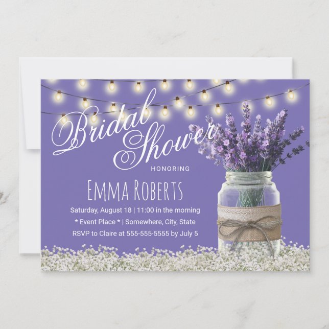 Elegant Lavender Flowers Mason Jar Bridal Shower Invitation (Front)