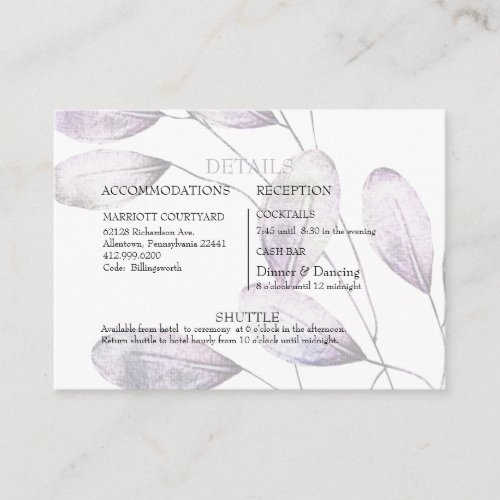 Elegant Lavender Foliag Cash Bar  Shuttle Wedding Enclosure Card