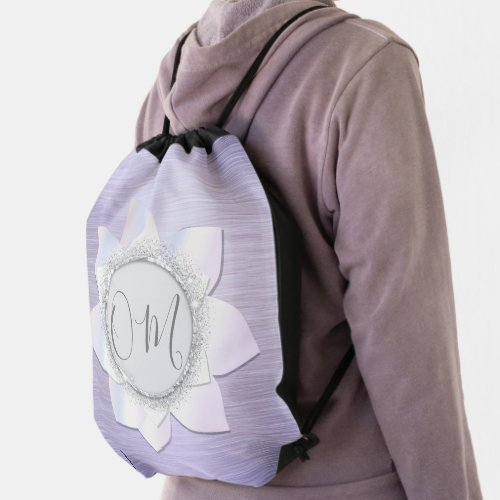 Elegant Lavender Glittery Lotus OM Drawstring Bag