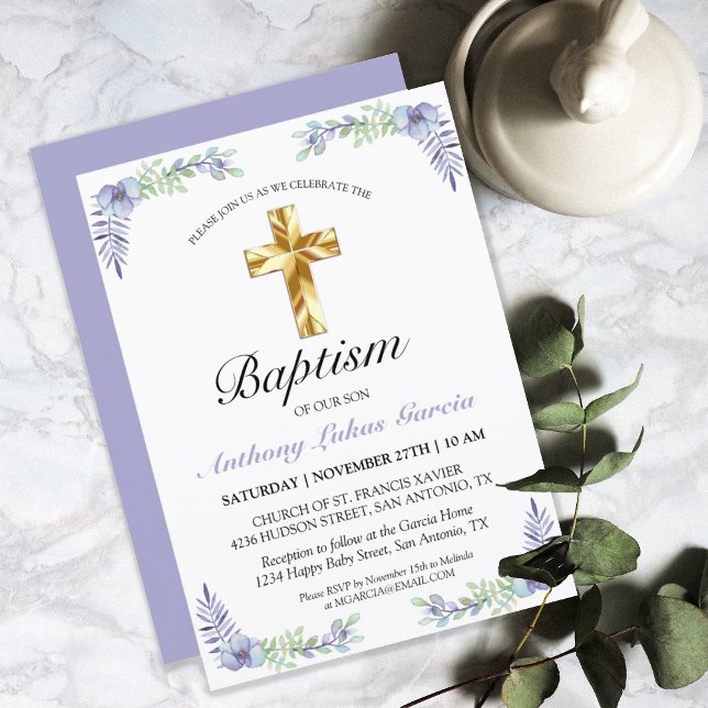 Elegant Lavender Gold Cross Baby Baptism Invitation (Creator Uploaded)