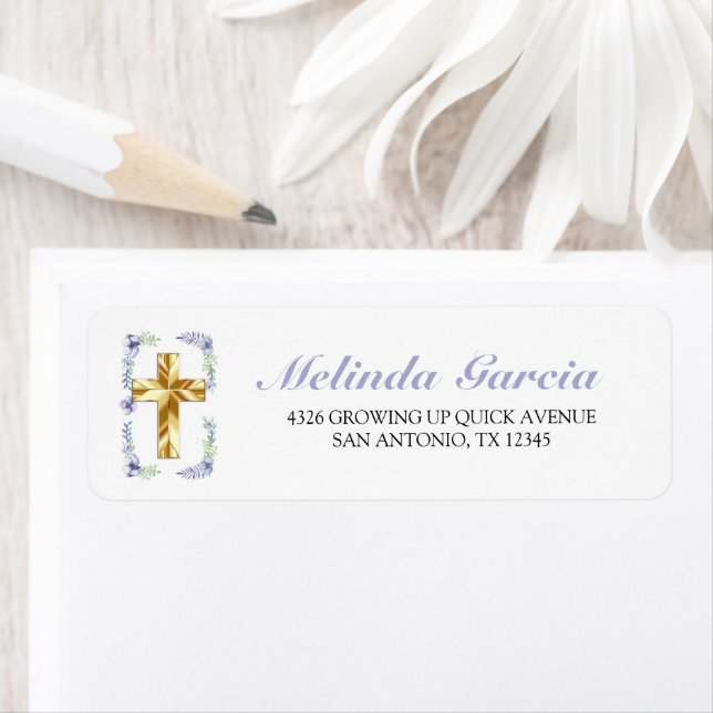Elegant Lavender Gold Cross Baby Baptism Label (Insitu)