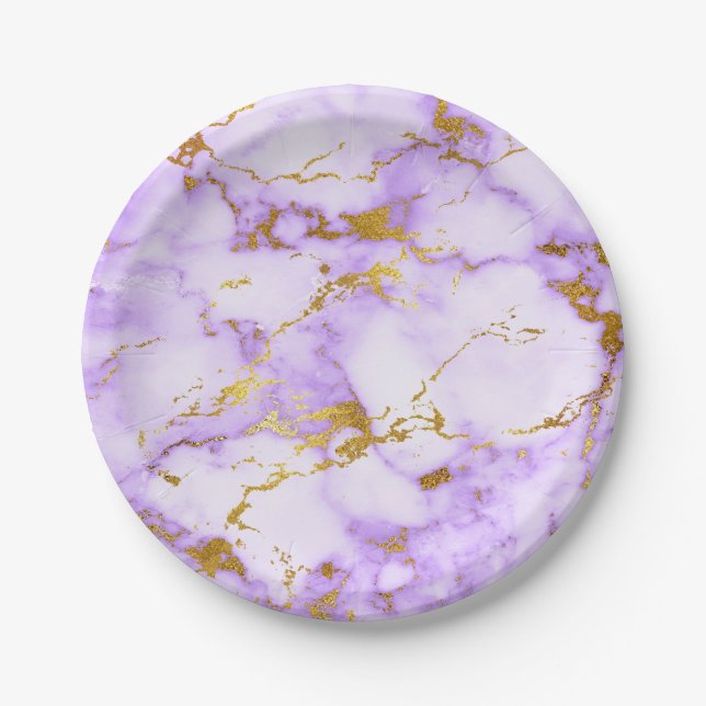 Elegant Lavender Gold Faux Metallic Marble Pattern Paper Plates (Front)