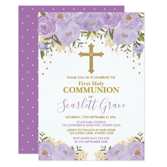 Elegant Lavender & Gold Floral Holy Communion Invitation | Zazzle.com