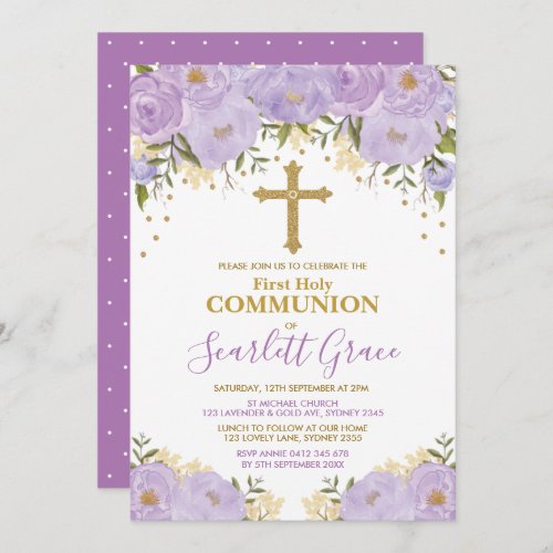 Elegant Lavender  Gold Floral Holy Communion Invitation
