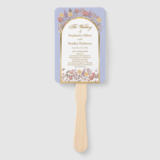 Elegant Lavender Gold Wildflower Wedding Program Hand Fan (Front)