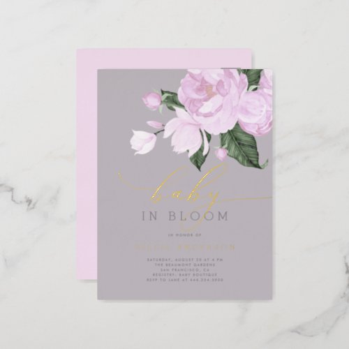 Elegant Lavender Gray Floral Baby in Bloom Shower Foil Invitation Postcard