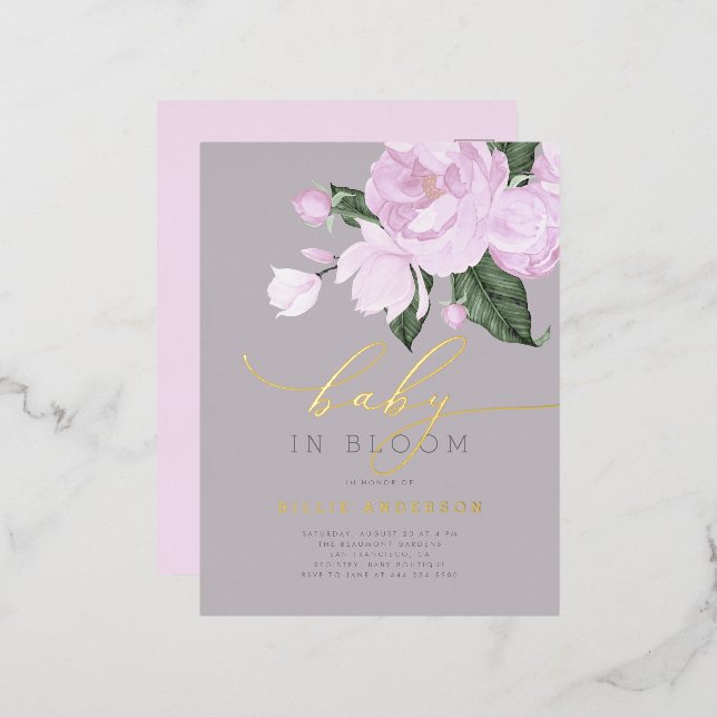 Elegant Lavender Gray Floral Baby in Bloom Shower Foil Invitation Postcard (Front/Back)
