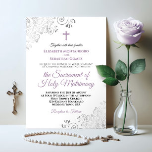 Elegant Lavender & Gray Modern Catholic Wedding Invitation