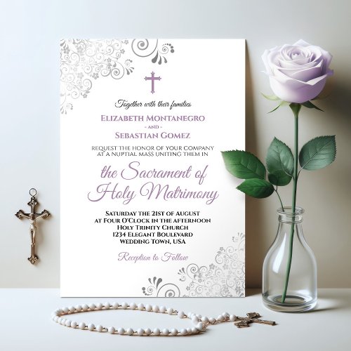 Elegant Lavender  Gray Modern Catholic Wedding Invitation