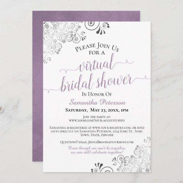Elegant Lavender Gray White Virtual Bridal Shower Invitation (Front/Back)