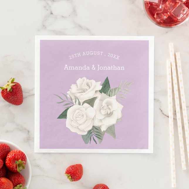 Elegant Lavender Haze and White Roses Wedding Paper Dinner Napkins (Insitu)