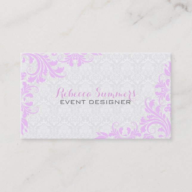 Elegant Lavender Lace White Damasks Business Card (Front)