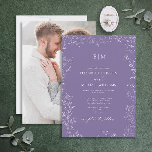 Elegant Lavender Leaf Photo Monogram Wedding Invitation