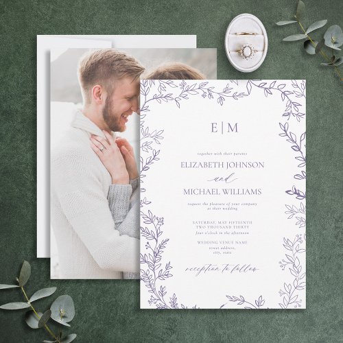 Elegant Lavender Leaf Photo Monogram Wedding Invitation