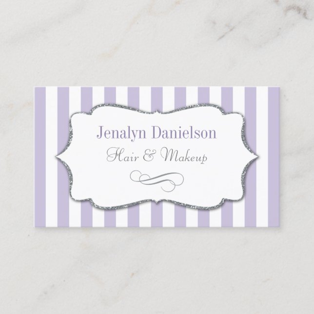 Elegant Lavender Lilac Purple Stripe Silver Gray Business Card (Front)