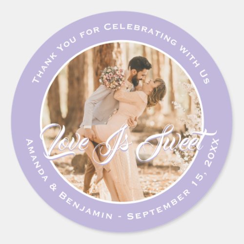 Elegant Lavender Love Is Sweet Wedding Photo Classic Round Sticker