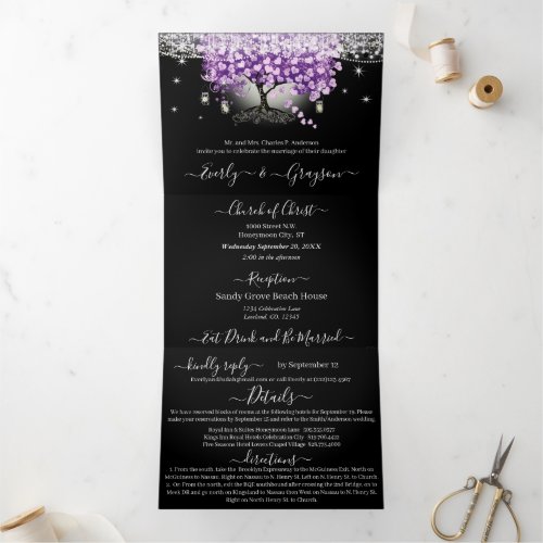 Elegant Lavender Love Purple Heart Leaf Wedding Tri_Fold Invitation