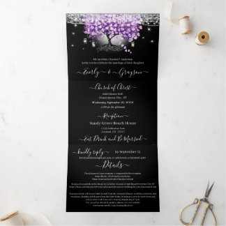 Elegant Lavender Love Purple Heart Leaf Wedding Tri-Fold Invitation