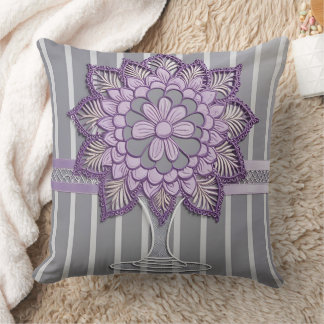 Elegant Lavender Mandala Silver Striped  Throw Pillow