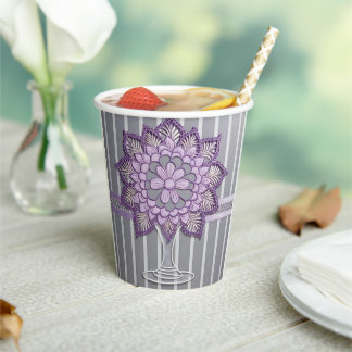 Elegant Lavender Mandala Silver Striped Wedding  Paper Cups