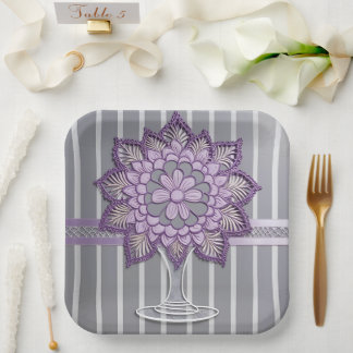 Elegant Lavender Mandala Silver Striped Wedding  Paper Plates