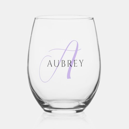 Elegant Lavender Monogram Drinkware Set Stemless Wine Glass