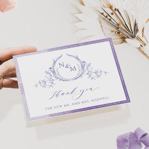 Elegant Lavender Monogram, Watercolor Wedding Thank You Card