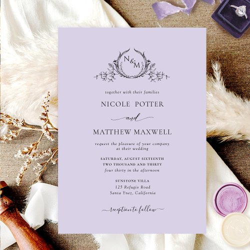 Elegant Lavender Monogram Wedding Invitation