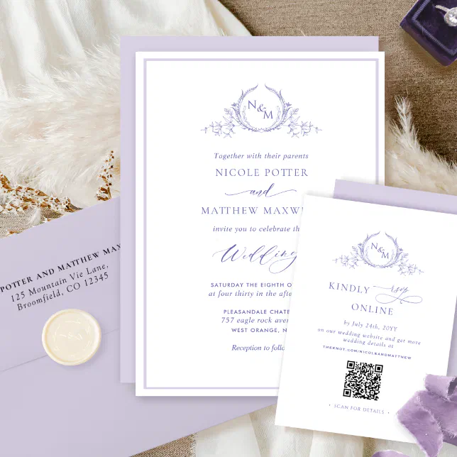 Elegant Lavender Monogram Wedding Invitation | Zazzle