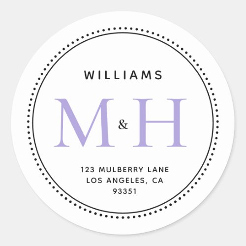 Elegant Lavender Monogram Wedding Return Address Classic Round Sticker