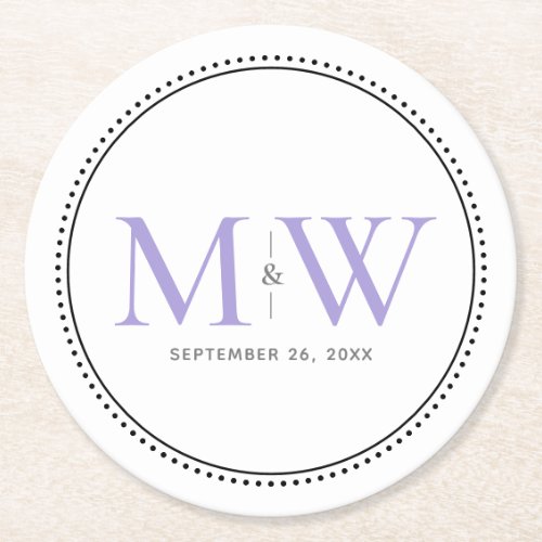 Elegant Lavender Monogram Wedding Round Paper Coaster