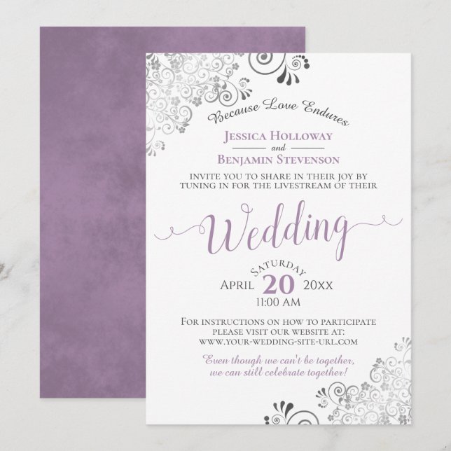 Elegant Lavender on White Wedding Livestream Invitation (Front/Back)