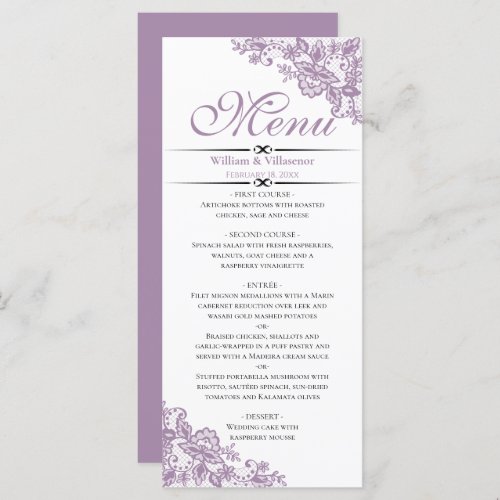 Elegant Lavender on White Wedding  Menu
