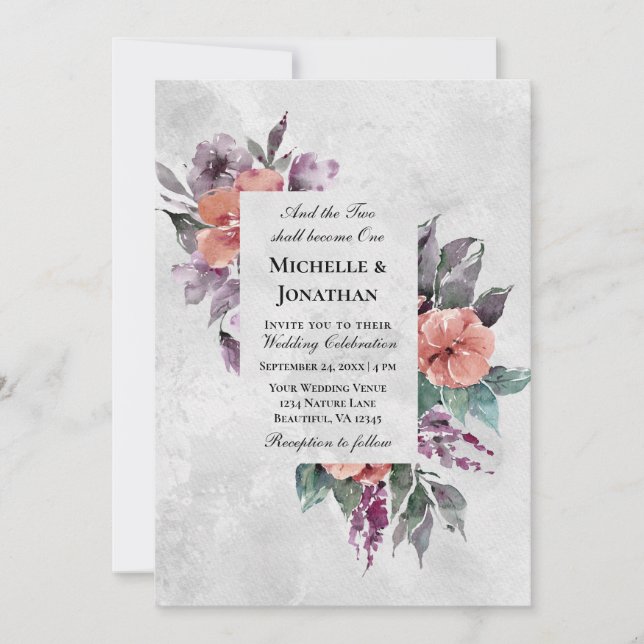 Elegant Lavender Peach Floral Christian Wedding Invitation (Front)