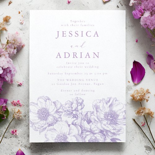 Elegant Lavender Peony Line Art Wedding Invitation