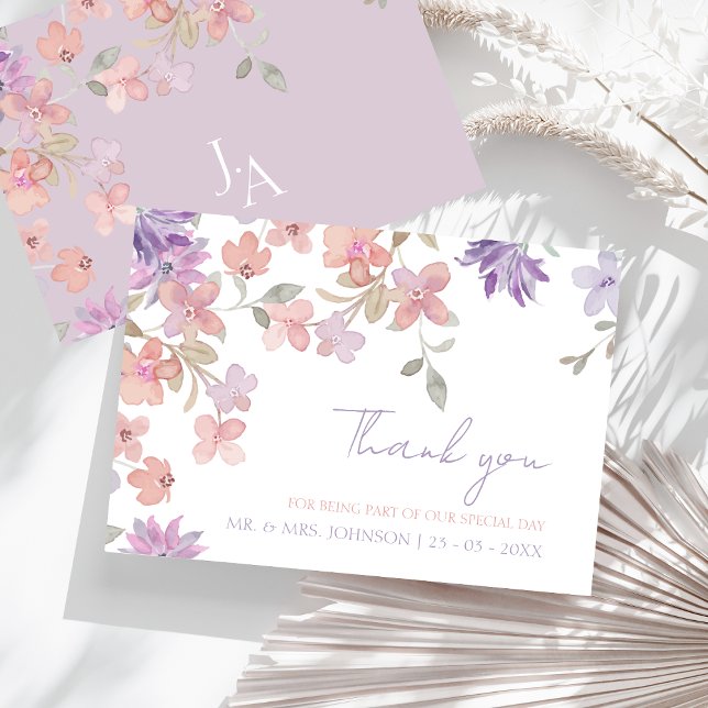 Elegant Lavender Pink Whimsical Wildflower Wedding Thank You Card (Elegant Lavender Pink Whimsical Wildflower Wedding Thank You Card)