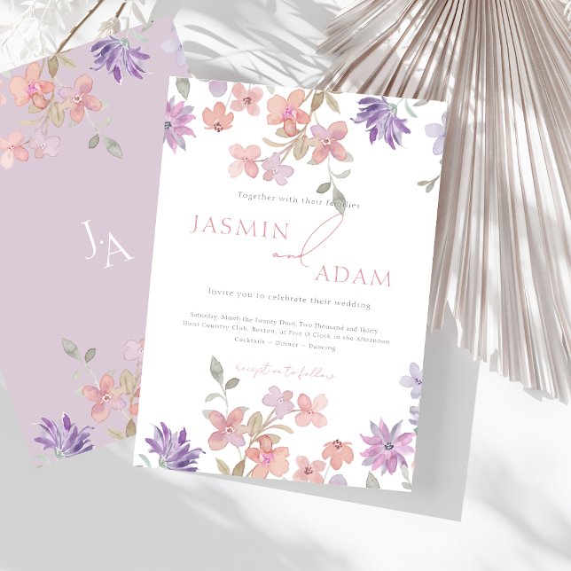 Elegant Lavender & Pink Wildflowers Wedding Invitation (Elegant Lavender & Pink Wildflowers Wedding Invitation)