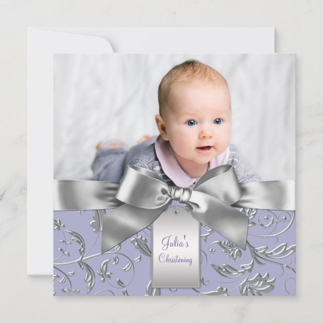 Elegant Lavender Purple and Gray Christening Invitation (Front)