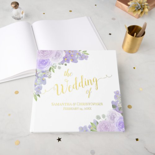 Elegant Lavender Purple Boho Floral Foil Wedding Foil Guest Book