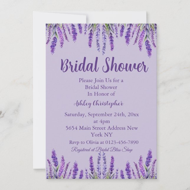 Elegant Lavender Purple Bridal Shower Invitation (Front)