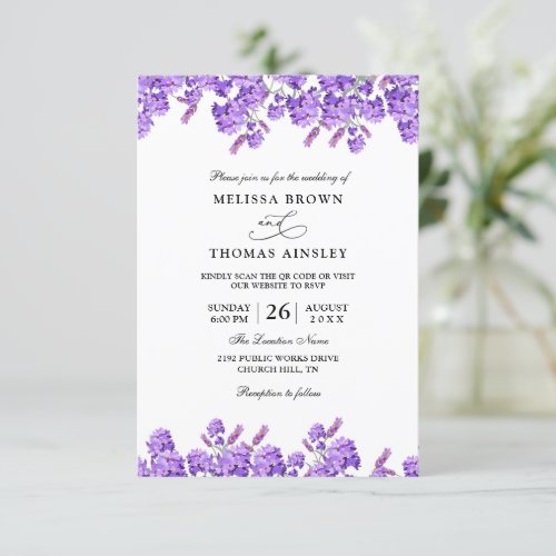 Elegant Lavender Purple Budget QR Code Wedding Invitation