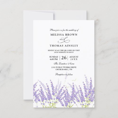 Elegant Lavender Purple Budget QR Code Wedding Invitation