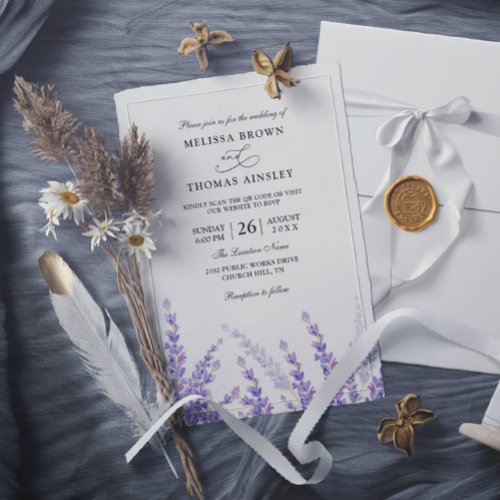 Elegant Lavender Purple Budget QR Code Wedding Invitation