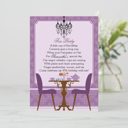 Elegant Lavender Purple Damask Birthday Tea Party Invitation